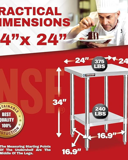DuraSteel 24x24 Stainless Steel Work Table - NSF Commercial Prep Metal Table - Outdoor Pizza Oven Stand w/Under Shelf - Kitchen Island Laundry Utility Garage Microwave Stand Large Rolling Storage Cart