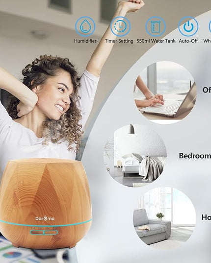 550ml Essential Oil Diffuser, DAROMA Upgraded Remote Control 6 in 1 Aromatherapy Ultrasonic Cool Mist Humidifier, 7 Color Changing Mood Lights & Waterless Auto-Off for Home Office Gift, Light Wood