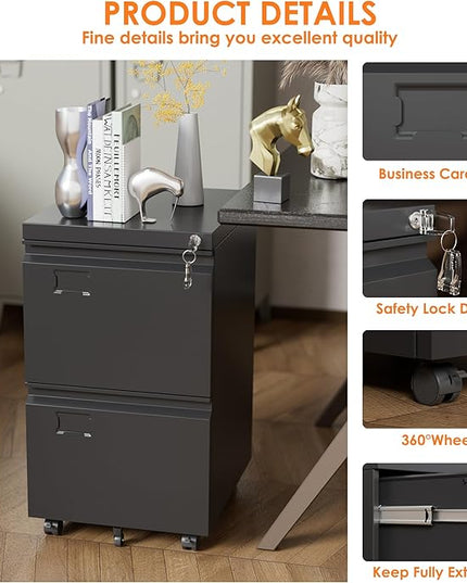METAN 2 Drawer Vertical File Cabinet with Lock, Mobile Metal Filing Cabinet for Legal/Letter Size, Office Storage File Cabinet Under Desk with Card Holder,Assembly Required, Black