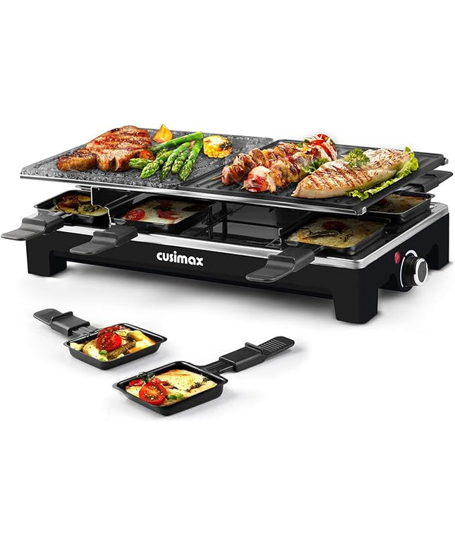 Raclette Table Grill, CUSIMAX Indoor Grill Electric Grill, Portable Korean BBQ Grill with 2 in 1 Reversible Non-stick Plate & Natural Grill Stone, 8 Raclette Pans 8 Wooden Spatulas for Family Fun