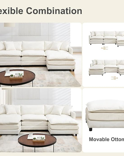 U-Shaped Modular Sectional Sofa Set with Ottomans - 108" Modern Corduroy Cloud Couch for Living Room (3-Seater + 2 Movable Ottomans + 3 Pillows) - Chenille Fabric in Beige