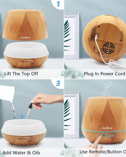 550ml Essential Oil Diffuser, DAROMA Upgraded Remote Control 6 in 1 Aromatherapy Ultrasonic Cool Mist Humidifier, 7 Color Changing Mood Lights & Waterless Auto-Off for Home Office Gift, Light Wood