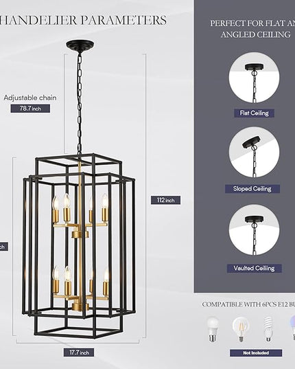 8-Light Lantern Tiered Pendant Light Fixtures, Black Metal Farmhouse Chandelier Hall Foyer Hanging Chandelier for Kitchen Island Dining Room Living Room Foyer Entryway, Black+Gold