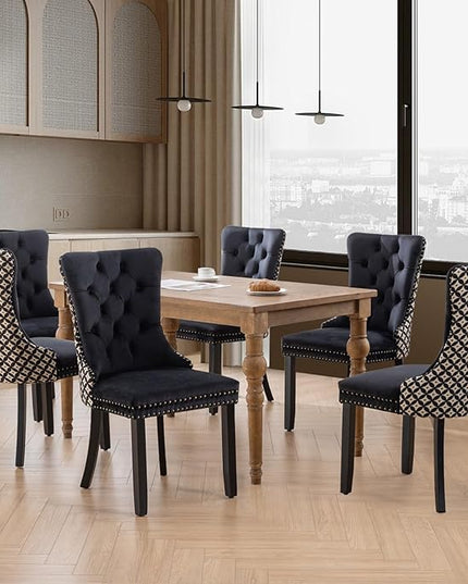 SoarFlash Velvet Dining Chairs Set of 6, Tall Back Side Chair, Modern Upholstered Side Chair with Button Back Ring, Solid Wood Legs (Black&Plaid)
