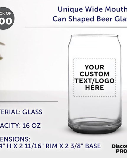 Custom Beer Can Glasses Set of 100, 16 oz. Pint Sized, Promotional Text, Logo, Soda Can Shape, Glassware, Black