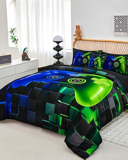 PERFEMET 6-Piece Game Full Size Bed in a Bag for Boys Blue and Green Video Gamer Bedding Set with Sheets Soft Fluffy 3D Printed Game Console Comforter Set for Kids Teen Girls(Blue Green, Full)