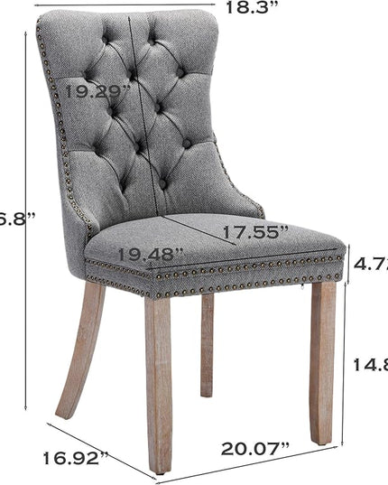 SoarFlash Linen Fabric Dining Chair Set of 2, Upholstered Tufted Dining Room Chair with Nailhead Trim, Solid Light Color Wood Leg for Kitchen (Smoky Gray)