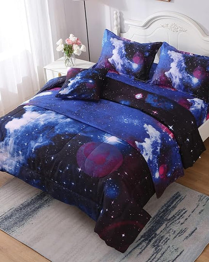 JQinHome Queen Galaxy Comforter Sets 6 Piece Bed in A Bag, Outer Space Themed Bedding for Children Boy Girl Teen Kids - (1 Comforter, 1 Flat Sheet, 1 Fitted Sheet, 2 Pillowshams, 1 Cushion Cover)