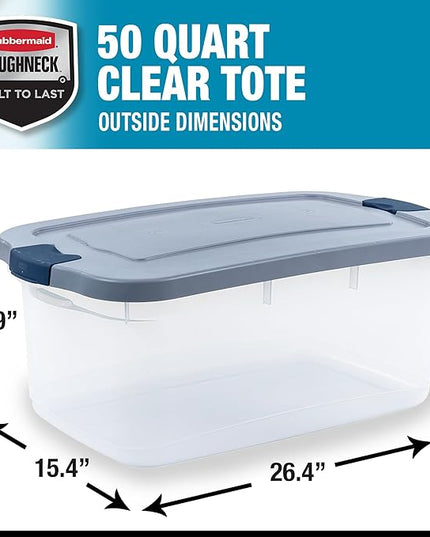 Rubbermaid Roughneck Clear 50 Qt/12 Gal Storage Containers, Pack of 5 with Latching Grey Lids, Visible Base, Sturdy and Stackable, Great for Storage and Organization