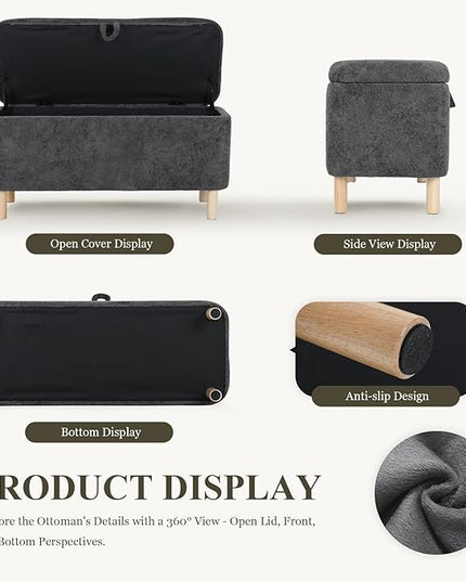 Ottoman with Storage, Storage Ottoman Bench, Entryway Bench, End of Bed Bench with Wood Legs for Bedroom, Living Room, 2PCS,Dark Grey