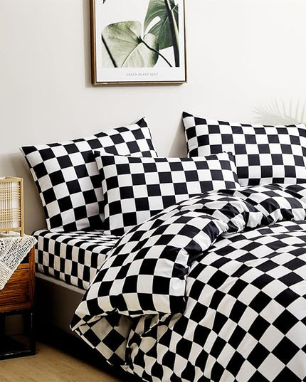 CLOTHKNOW Black White Plaid King Size Comforter Set Grid Bedding Comforter Sets Soft Checkered Comforter Black White Comforter with 2 x Pillow Cases