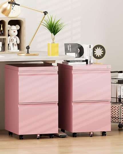 METAN 2 Drawer File Cabinet with Lock, Mobile Under Desk Filing Cabinet for Office Legal/Letter Size, Fully Assembled Except Wheels,Pink