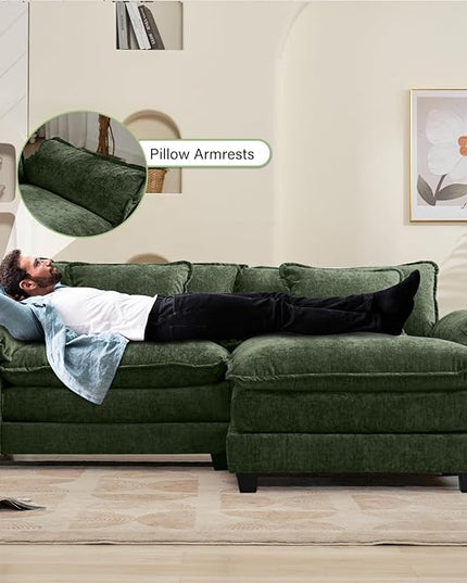 86" Modular Sectional Sofa, Comfy Cloud Couch Sectional Sofa with Ottoman, Chenille Sofa Sleeper Deep Seat Sofa with Throw Pillows for Living Room (Green, 86"- L Shape)