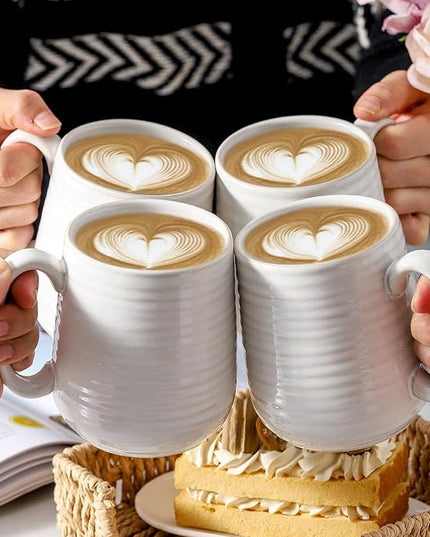HASENSE Coffee Mugs, 12 Ounce Ceramic Coffee Cups Set of 4, Latte Mug with Handle for Milk, Cocoa, Cappuccino, Tea Cup for Wedding Gift, Dishwasher Microwave Safe, Clay-Infused White