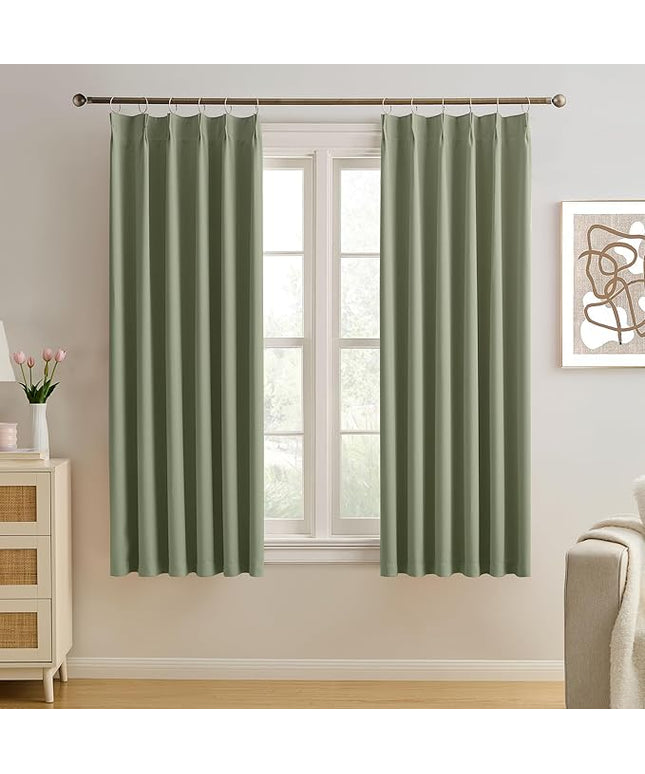 KEQIAOSUOCAI Sage Green Pinche Pleat Curtains 45 Inches Long Thermal Insulated Dark Black Out Short Drapery for Bedroom Light Blocking Window Covering Room Darkening Drapes for Nursery 40x45 2 Pieces