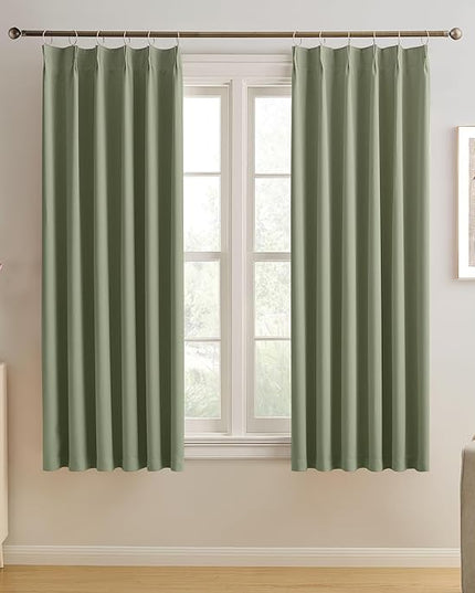 Sage Green Pinch Pleat Curtains 72 Inches Long Thermal Insulated Dark Black Out Short Drapery for Bedroom Light Blocking Window Covering Room Darkening Drapes for Living Room 40x72 2 Pieces