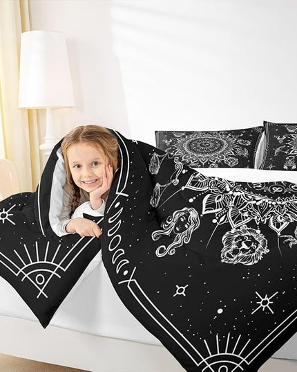 Sun and Moon Kids Comforter Set King Size,Starry Sky Galaxy Planet Trippy Bedding Set,Boys Girls Adults Room Decor,12 Constellation Datura Boho Down Comforter,Black White Duvet Insert,2 Pillowcases
