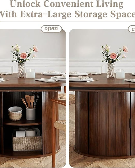 Oval Extendable Dining Table with Storage,59" Storage Kitchen Table for 4-8 People with Curved Sliding Door Fluted Wood Coffee Table Thickened Tabletop for Dining Room/Kitchen,Brown