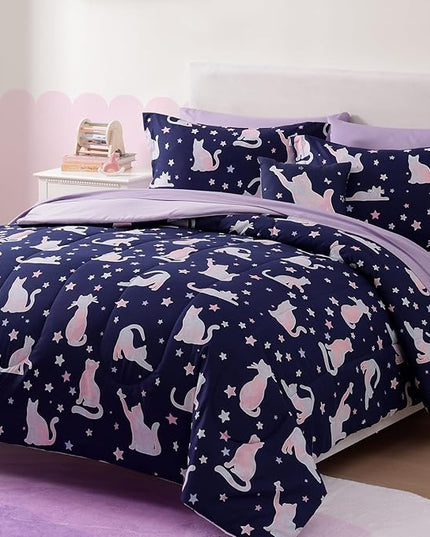 Full Size Comforter Set for Girls-7 Pieces Cute Cat Full Bedding Sets for Kids, Ultra Soft Bed in A Bag with Sheets