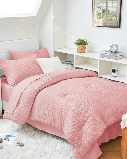 HYMOKEGE Rose Pink Twin XL Comforter Set Seersucker 5 Pieces, All Season Luxury Bed in a Bag for Bedroom, Bedding Set with Comforter, Sheets, Pillowcase & Sham