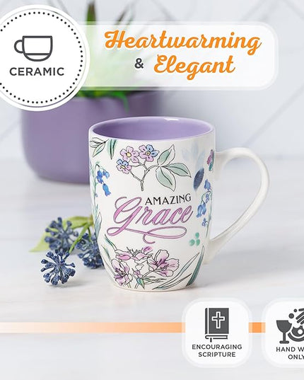 Christian Art Gifts Inspirational Ceramic Coffee & Tea Mug for Women: Amazing Grace, Cute Encouraging Lead-free Microwave & Dishwasher Safe Drinkware, White & Lavender Purple Multicolor Floral, 12 oz.