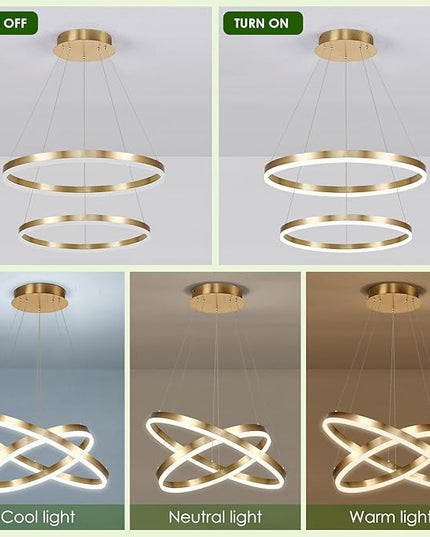 2-Rings Modern LED Chandelier Gold for Dining Room, Circular Flush Mount Ceiling Chandelier Light Dimmable Pendant Light with Remote Control for Living Room Entrance Foyer, 3000K-6500K