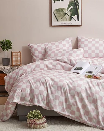 Houseri White and Pink Comforter Set Queen Plaid Baby Pink Checkerboard Comforter Bedding Sets Queen Size Girls Women Elegant Light Pink Grid Buffalo Checkered Bed Comforter Comfy Soft Pale Pink Queen