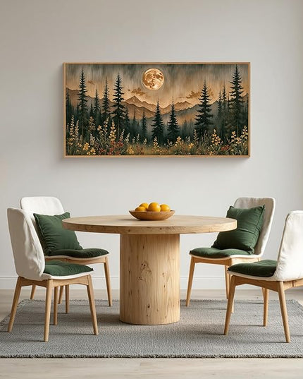 HOURIA Vintage Boho Nature Moonlight Forest Mountain Framed Canvas Wall Art Set,Wilderness Dark Moon Woodland Floral Decor,Retro Wildflower Field Landscape Artwork for Living Room,Farmhouse- 20"x40"x1
