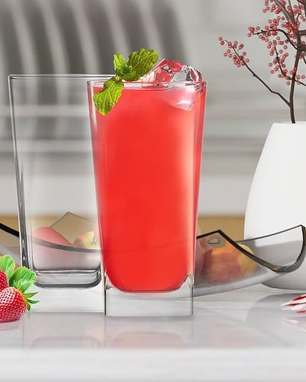 Highball Glasses [Set of 4] + 4 Stainless Steel Straws, 16 oz Lead-Free Crystal Clear Glass, Elegant Drinking Cups for Water, Wine, Beer, Cocktails and Mixed Drinks - Round Top, Square Bottom