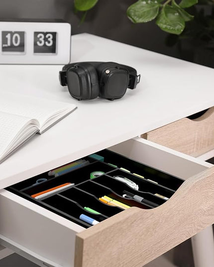 Large Premium Bamboo Silverware Organizer - Expandable Drawer Organizer & Utensil Organizer - 17"x19.7" Cutlery Tray with Dividers for Kitchen Utensils and Flatware (7-9 Slots) (Black)