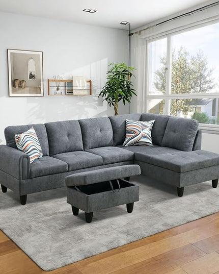 Dark Grey 3 Piece Sectional Sofa Set L Shaped Flannel Couch with Storage Ottoman Modern Upholstered Sofa for Living Room Office