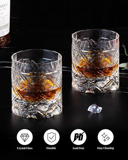 KAMMAK Old Fashioned Crystal Whiskey Glasses Set of 2, 8.45 oz (250 ml) Handmade Thick Base Tumbler with Delicate Rim & Seamless Design for Scotch, Bourbon, Cocktails, Lead-Free Barware