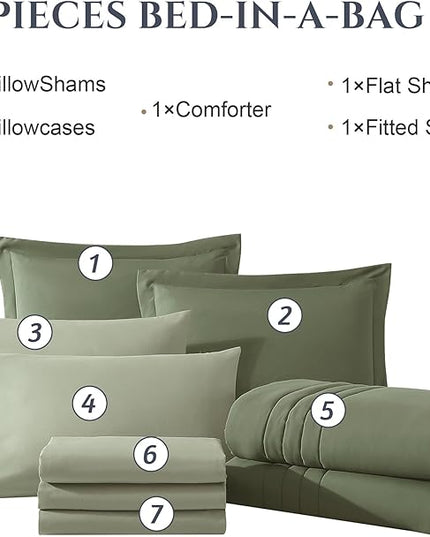 Monbix Full Comforter Set - 7 Pieces Light Sage Green Bed in a Bag Full Size Bedding Sets with Comforters, All Seasons Down Alternative Comforter with Sheets,Pillowcases & Shams