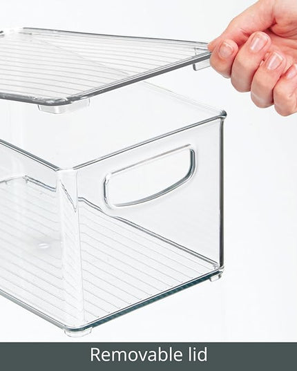 mDesign Plastic Deep Storage Bin Box Container with Lid and Built-In Handles - Organization for Fruit, Snacks, or Food in Kitchen Pantry, Cabinet, or Cupboard, Ligne Collection, 4 Pack, Clear