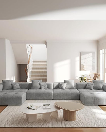 JACH 183.5 Inch U-Shaped Modular Sectional Sofas, Modern 4-Seater Couch with Chaise Ottomans, Mid Century Modern Sectional Couches, Cozy Sleeper Sofa for Living Room (Linen Fabric, Grey)