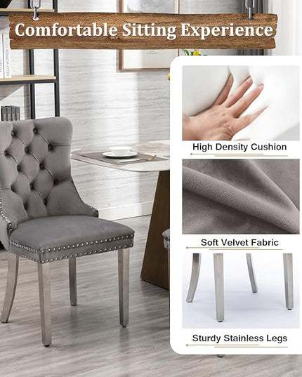 70" Modern Silver Glass Dining Table Set for 6, 7-Piece Rectangle Kitchen Dining Room Table Set with Steel Base & 6 Grey Velvet Upholstered Chairs, Modern Glass Kitchen Table and Chairs Set of 6