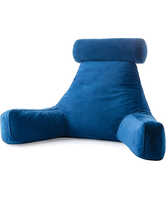 LINENSPA Reading Pillow with Shredded Memory Foam- Back Pillow for Sitting in Bed, Reading, Gaming, Watching TV – Bed Chair Pillow with Arms, Dorm Room Essentials, Navy