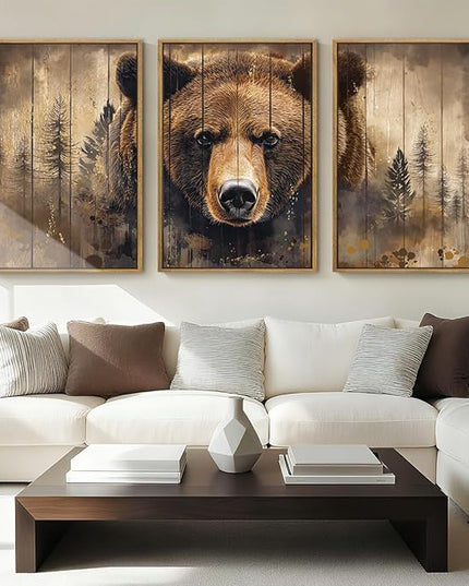 ANHUIB Brown Bear Wall Art 16x24 Inch Forest Paintings Rustic Wildlife Wall Decor Set of 3 for Living Room Bedroom Dining Room