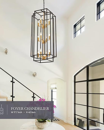 12-Light Lantern Tiered Pendant Light Fixtures, Black Metal Farmhouse Chandelier Hall Foyer Hanging Chandelier for Kitchen Island Dining Room Living Room Foyer Entryway, Black+Gold