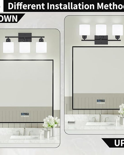 3-Light Bathroom Light Fixtures, Black Bathroom Vanity Lights with Milky White Frosted Glass Shades, Black Vanity Light for Bathroom Mirror, Bedroom, Living Room, Vanity Table, E26 Base