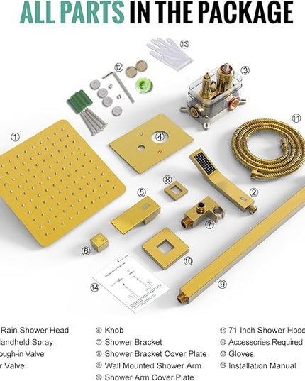 SR SUN RISE Shower Faucets Sets Complete Brushed Gold Square Rain Shower Head with Handheld Spray All Metal Shower Faucet Trim Repair Kits (Contain Shower Valve)