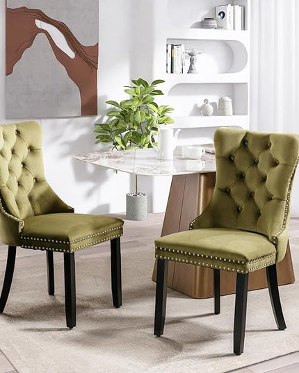 SoarFlash Velvet Dining Chairs Set of 2, Tall Back Side Chair, Modern Upholstered High-end Tufted Side Chair with Button Back Ring, Solid Wood Legs (Olive Green)