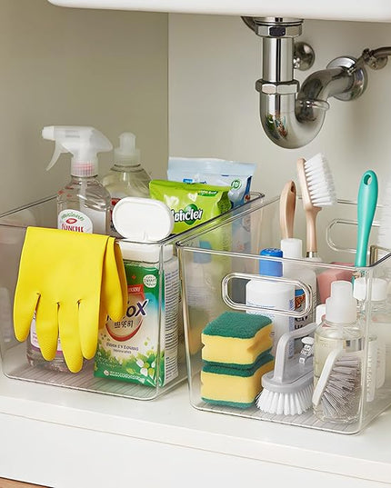 Clear Plastic Storage Bins, 4 Pack Pantry Organizers & Storage Containers, Cabinet Organizer, Home Organization Must Haves for Kitchen, Laundry Room, Office, Closet & Freezer
