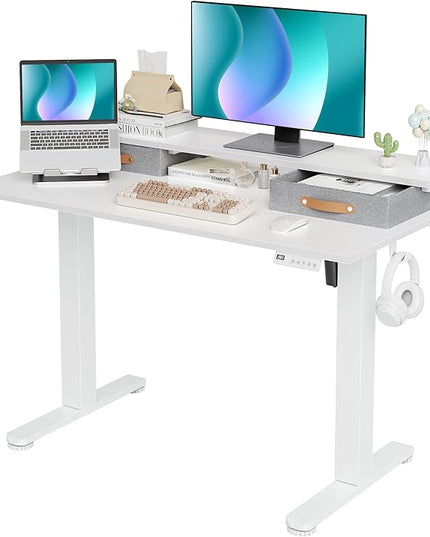 Claiks Electric Standing Desk with 2 Drawers, Adjustable Standing Desks with Storage, Height Adjustable Stand up Desk for Home Office with 2 Hooks,48 Inch White