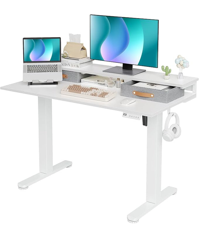 Claiks Electric Standing Desk with 2 Drawers, Adjustable Standing Desks with Storage, Height Adjustable Stand up Desk for Home Office with 2 Hooks,48 Inch White
