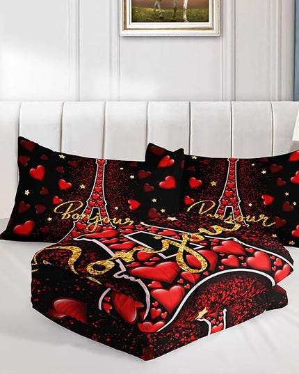 Eiffel Tower Full Size Comforter Sets,Red Loving Heart Romantic Couple Bedding Set,Paris Bedding Comforter Sets for Women Room Eiffel Tower Decor with 2 Pillowcases.