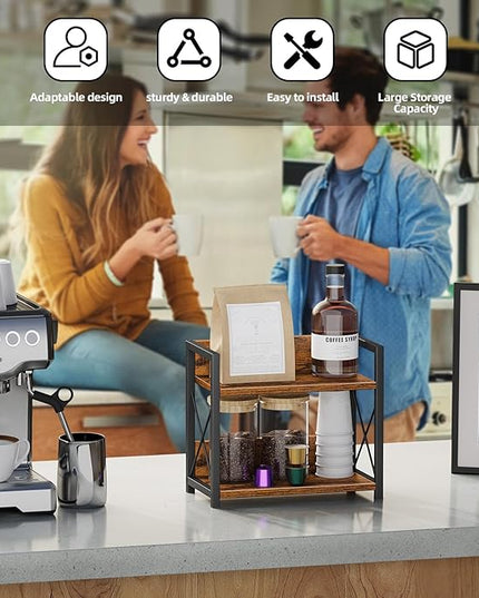 Giikin Countertop Shelf Organizer, 2 Tier Kitchen Spice Rack for Countertop, Wood Coffee Counter Shelf Organizer for Home (Brown, S)