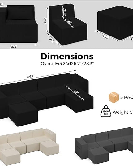 Minimalist Modular Corduroy Cloud Couch Sectional – Oversized Boneless Memory Foam Sofa for Living Room, Modern Comfy Couch, No Assembly Needed（130" U Shaped Boneless Sofa 4-Seater + 2*Ottoman,Black）