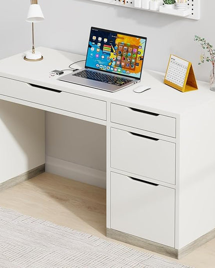 52 Inch White Desk with 4 Drawers, Computer Desk with Storage for Small Spaces with Storage File Cabinet, Small Home Office Desk with Drawers for Bedroom