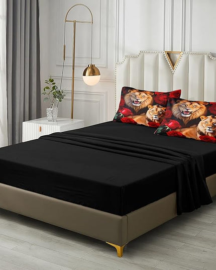 Bedbay Bedding Comforter Set King Size Wild Animal Bedding Set Rose Flowers and Lion Couple Printed 8 Pieces King Bed in a Bag Set Teen Adults Comforter Set with Sheets
